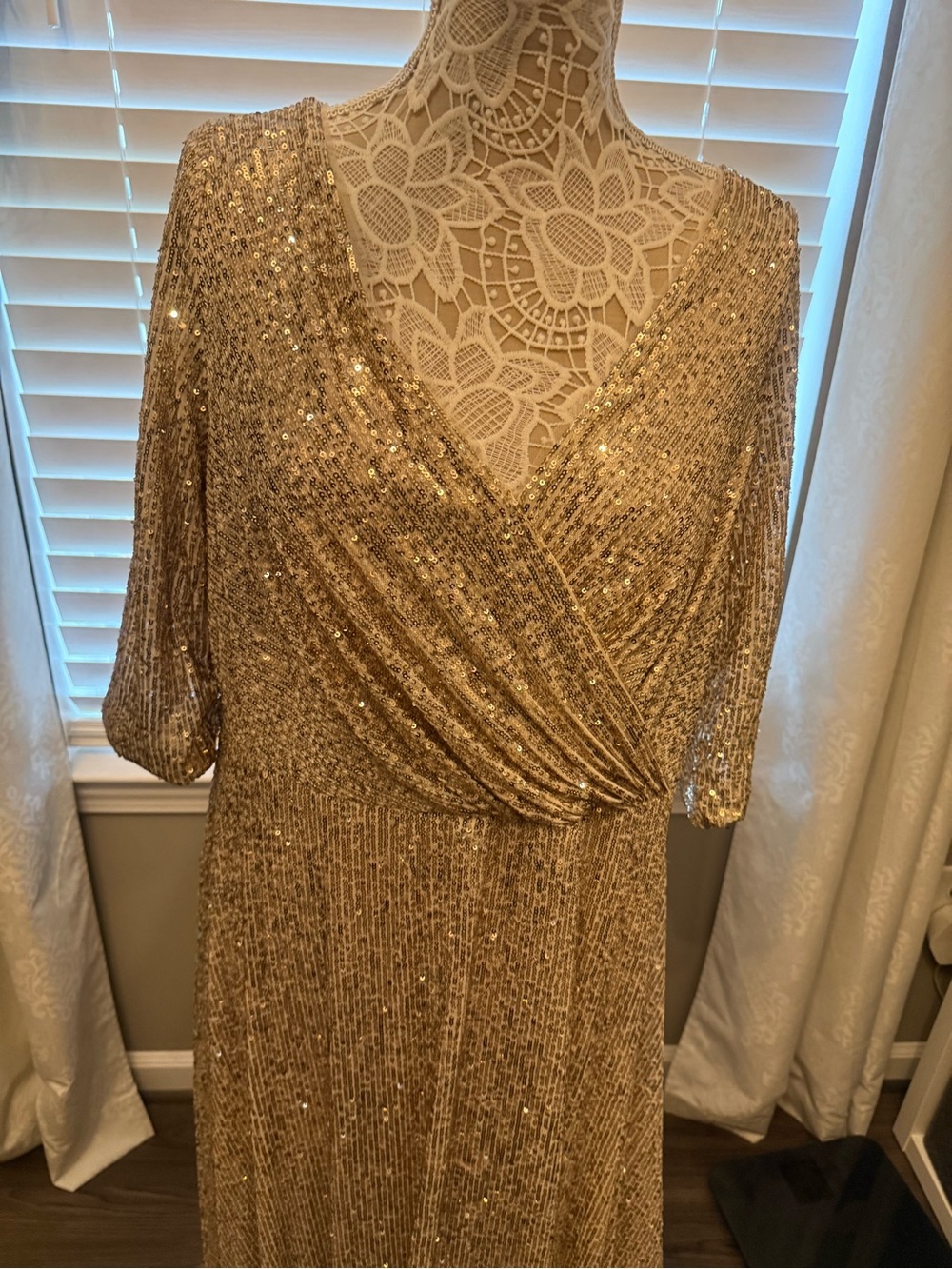 Oleg Cassini Gold Sequin V-Neck Wrap Dress